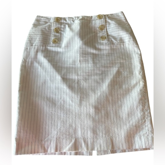 🔥🤍Ann Taylor size 6P white skirt with navy pinstripes. 6 decorative buttons! - Picture 1 of 6
